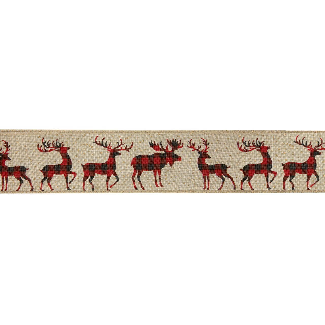 Northlight Beige and Red Plaid Buffalo with Reindeer Christmas Wired Craft Ribbon 2.5" x 16 Yards